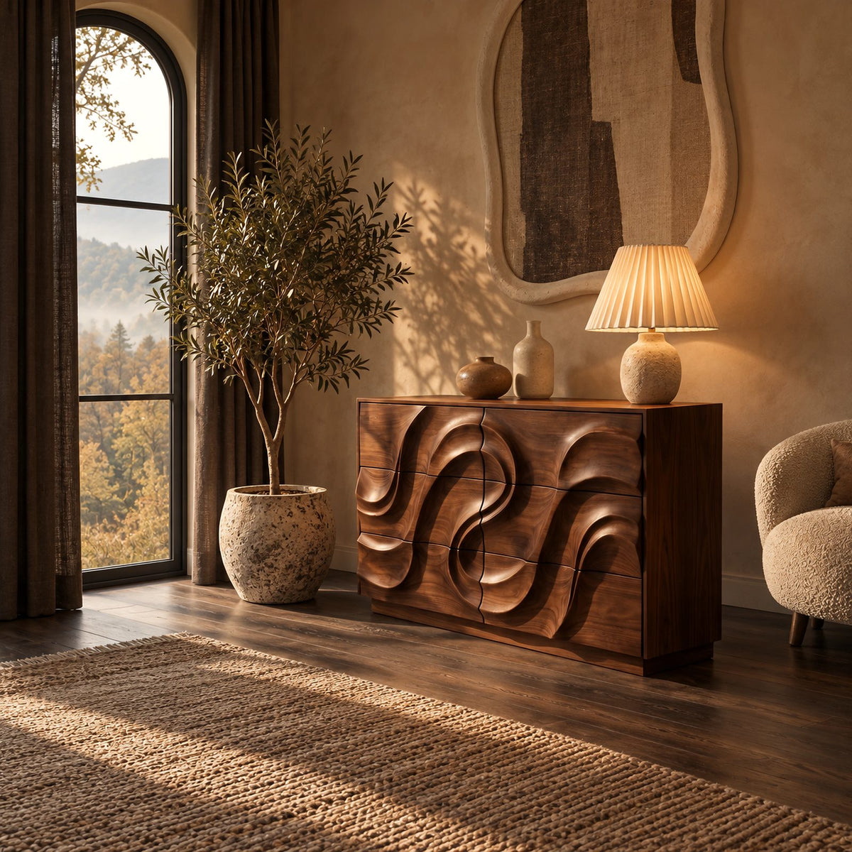 Modern Low Dresser With Swirl Carved Drawer Fronts For Bedroom