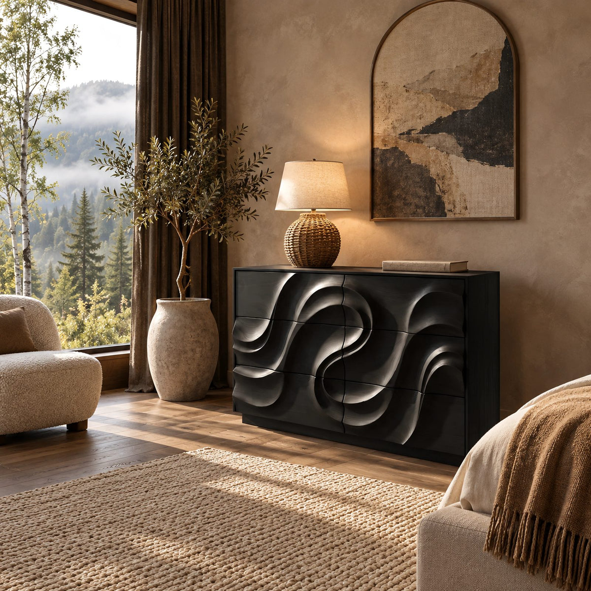 Modern Low Dresser With Swirl Carved Drawer Fronts For Bedroom