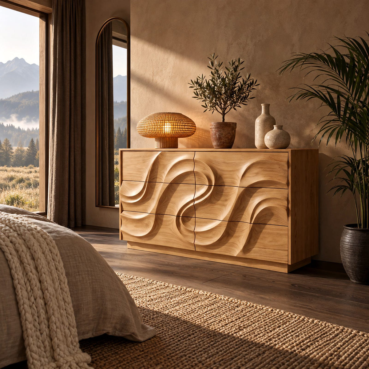 Modern Low Dresser With Swirl Carved Drawer Fronts For Bedroom