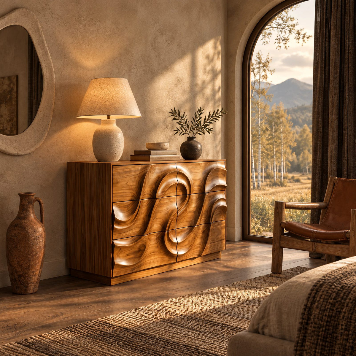 Modern Low Dresser With Swirl Carved Drawer Fronts For Bedroom