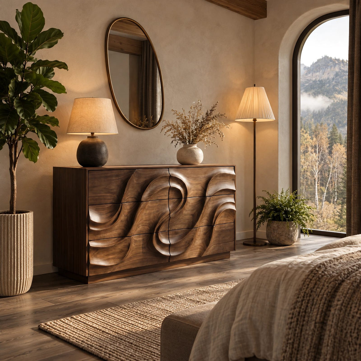 Modern Low Dresser With Swirl Carved Drawer Fronts For Bedroom