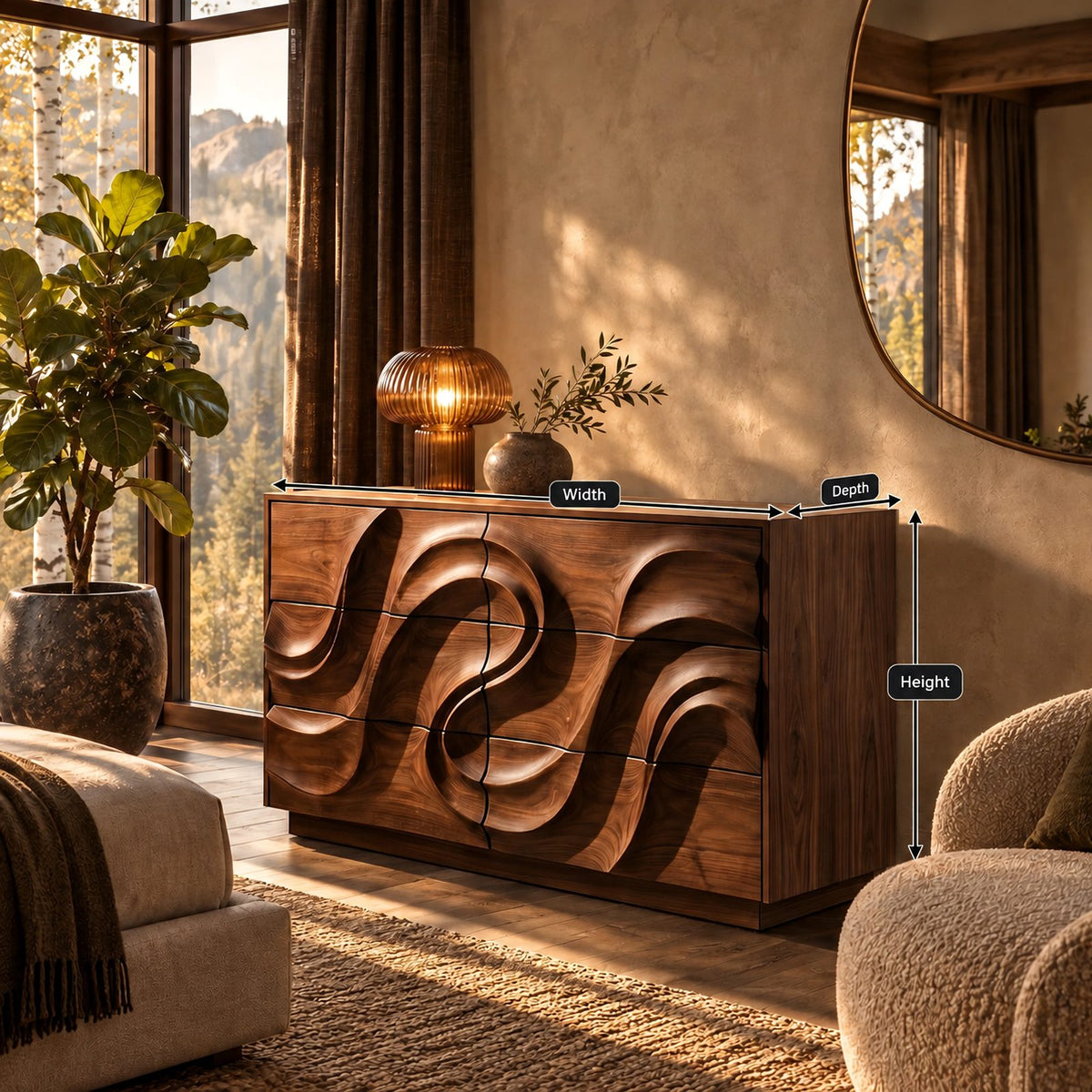 Modern Low Dresser With Swirl Carved Drawer Fronts For Bedroom