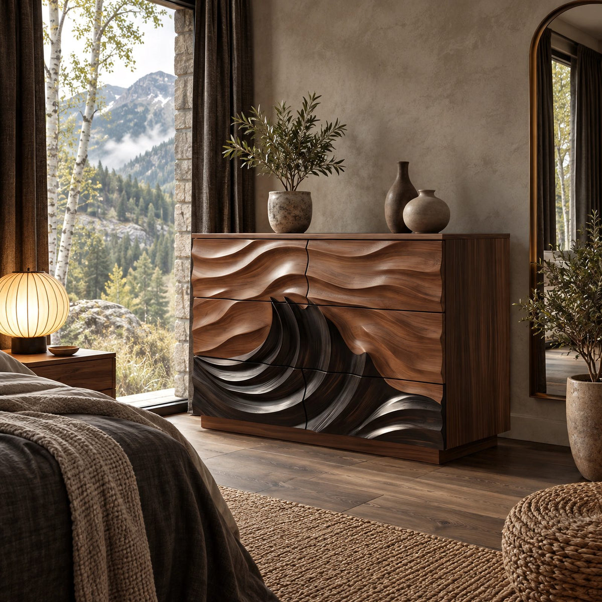 Coastal Wooden Dresser With Breaking Wave Relief For Bedroom
