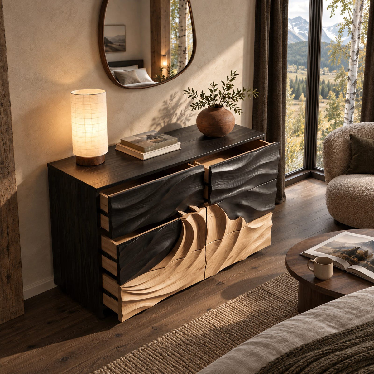 Coastal Wooden Dresser With Breaking Wave Relief For Bedroom