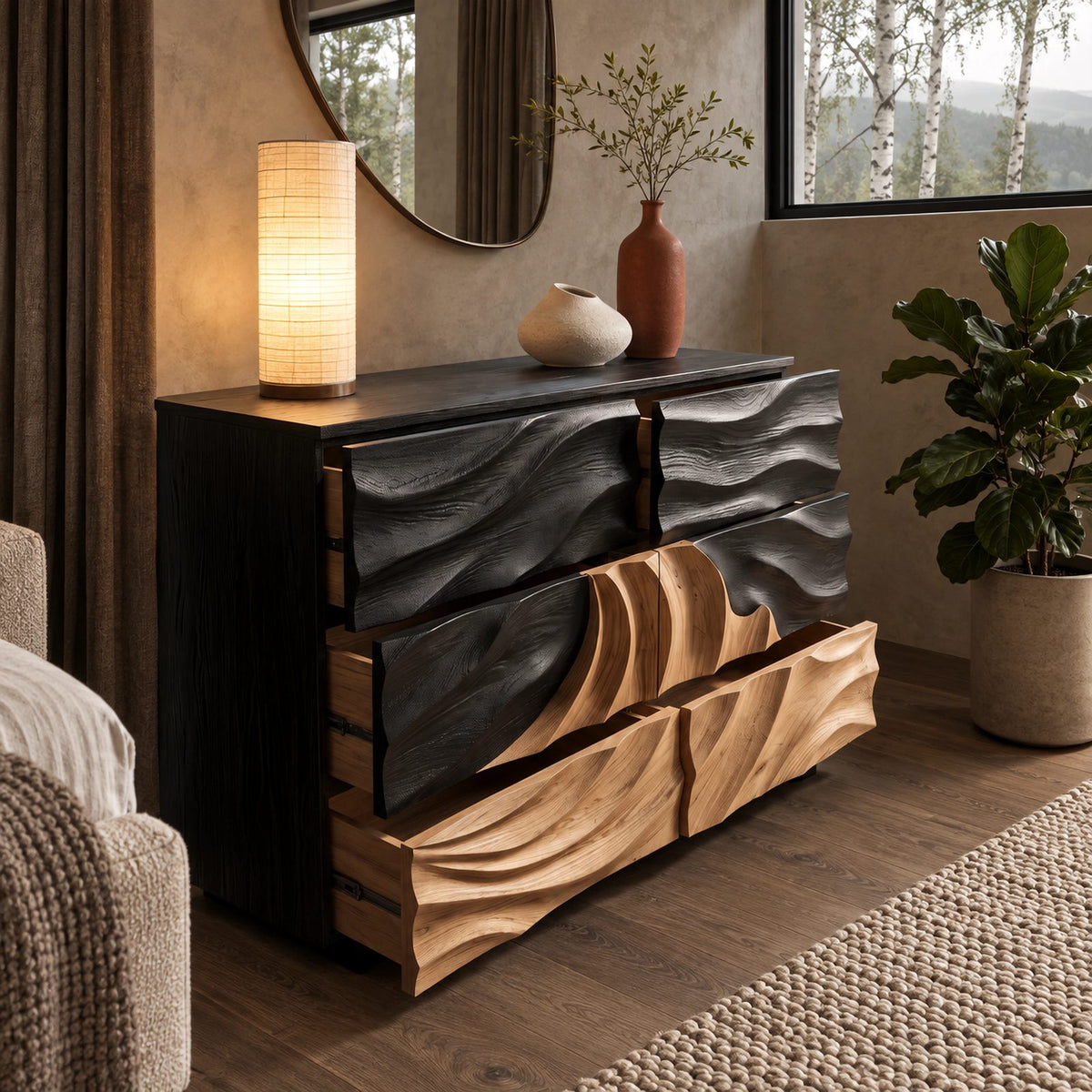 Coastal Wooden Dresser With Breaking Wave Relief For Bedroom