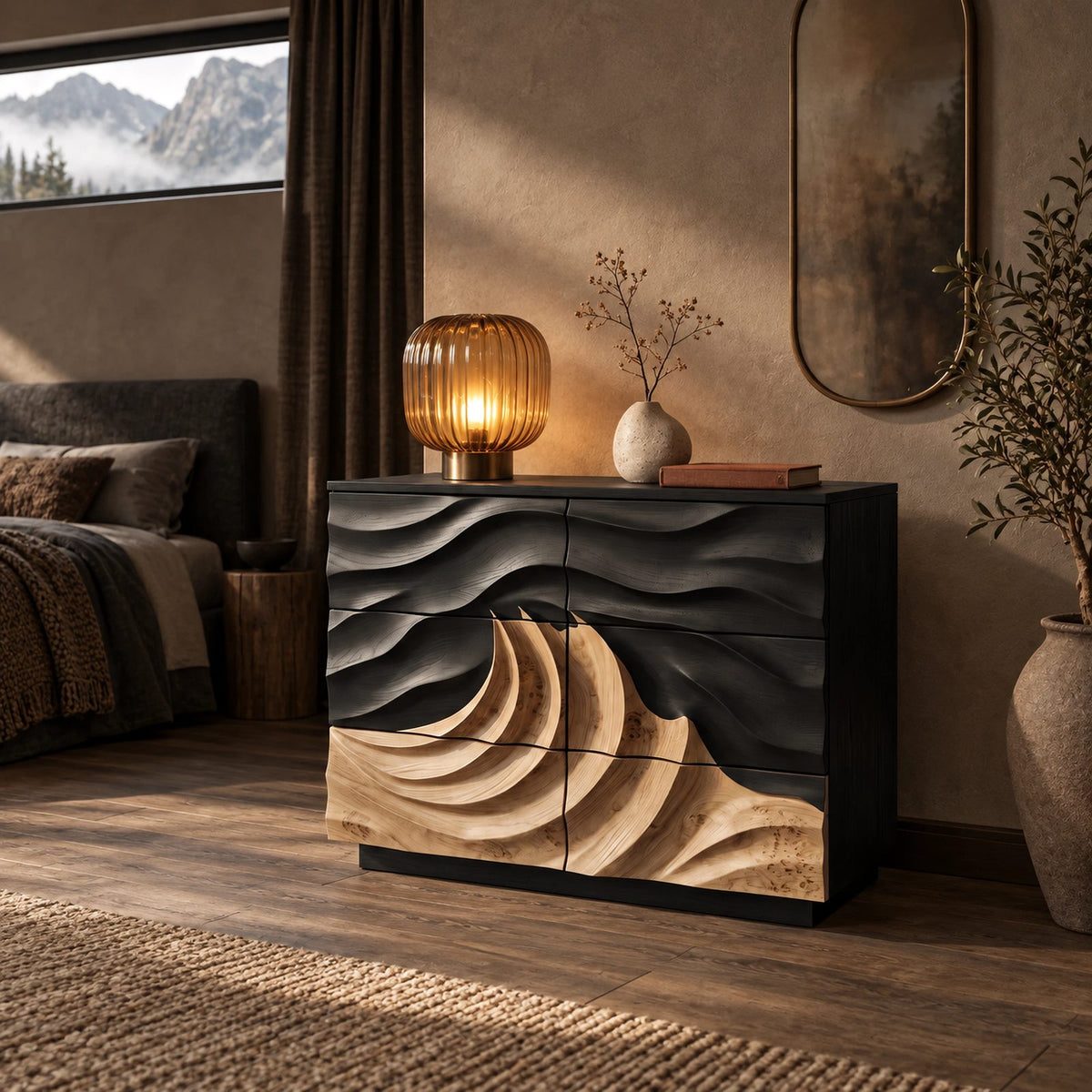 Coastal Wooden Dresser With Breaking Wave Relief For Bedroom