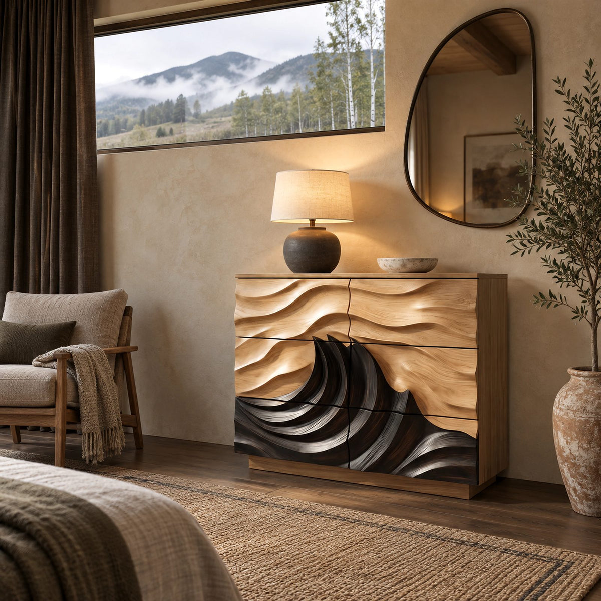 Coastal Wooden Dresser With Breaking Wave Relief For Bedroom