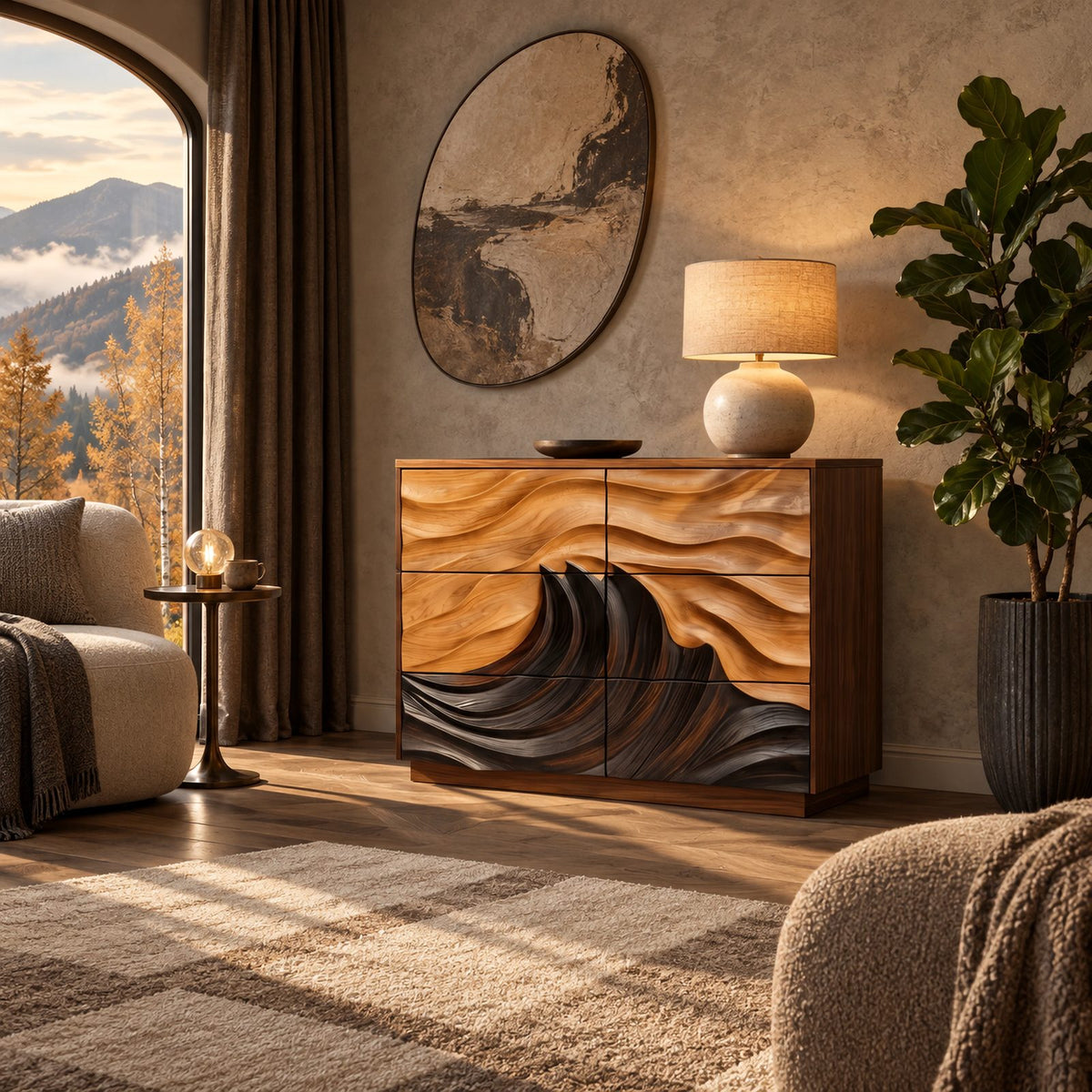 Coastal Wooden Dresser With Breaking Wave Relief For Bedroom