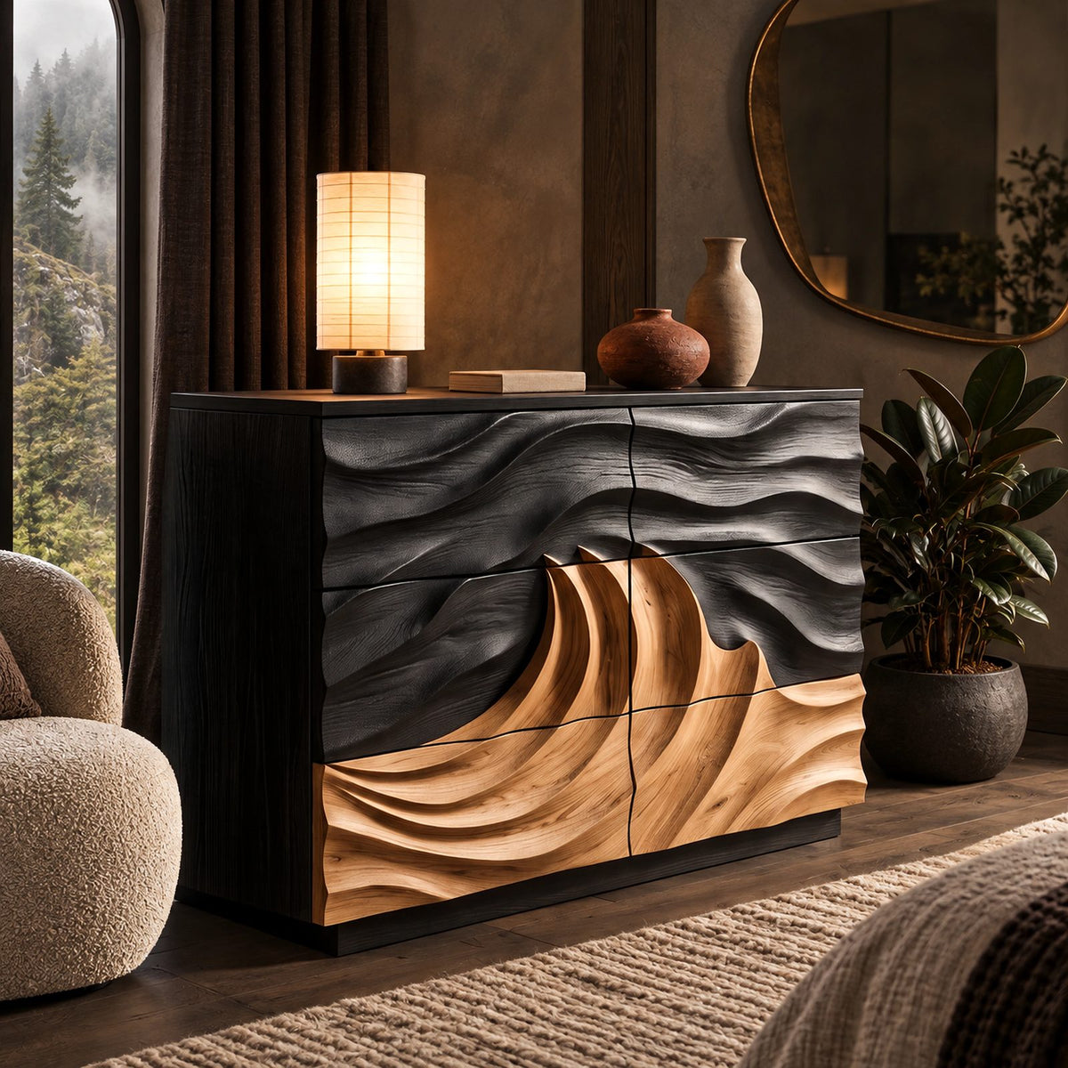 Coastal Wooden Dresser With Breaking Wave Relief For Bedroom