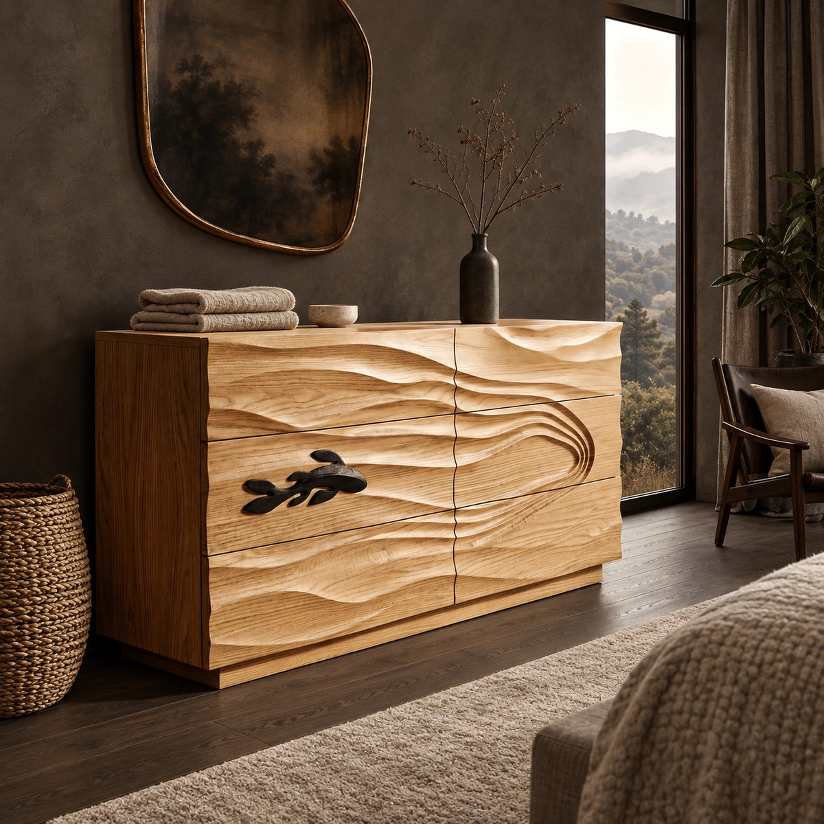 Coastal Wooden Dresser With Carved Fish And Wave Front For Bedroom