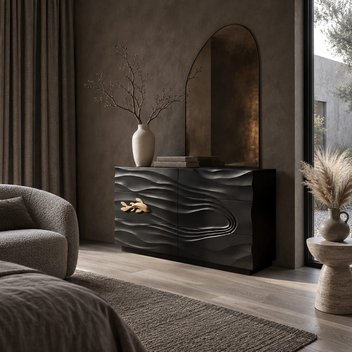 Coastal Wooden Dresser With Carved Fish And Wave Front For Bedroom