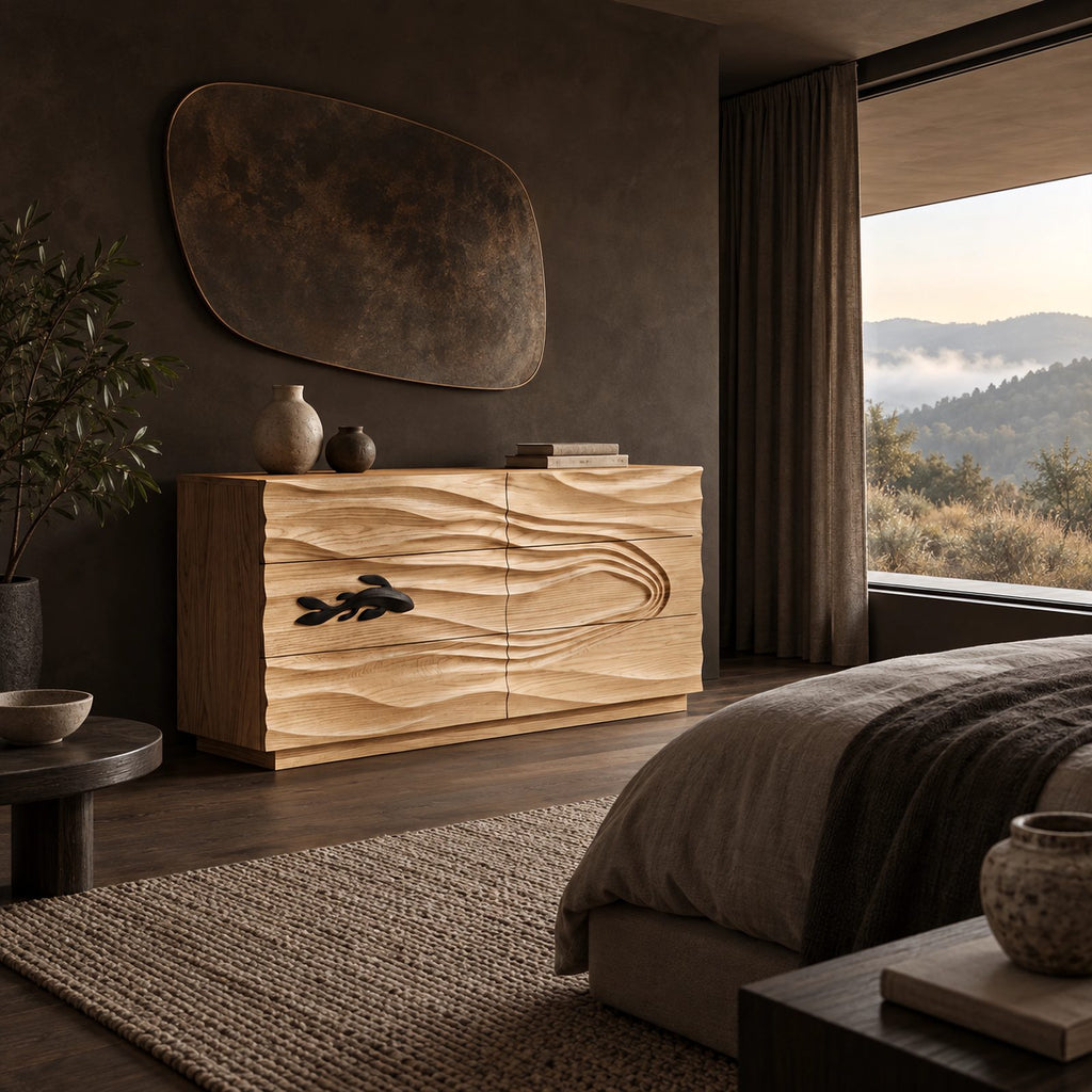 Coastal Wooden Dresser With Carved Fish And Wave Front For Bedroom