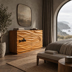 Coastal Wooden Dresser With Carved Fish And Wave Front For Bedroom