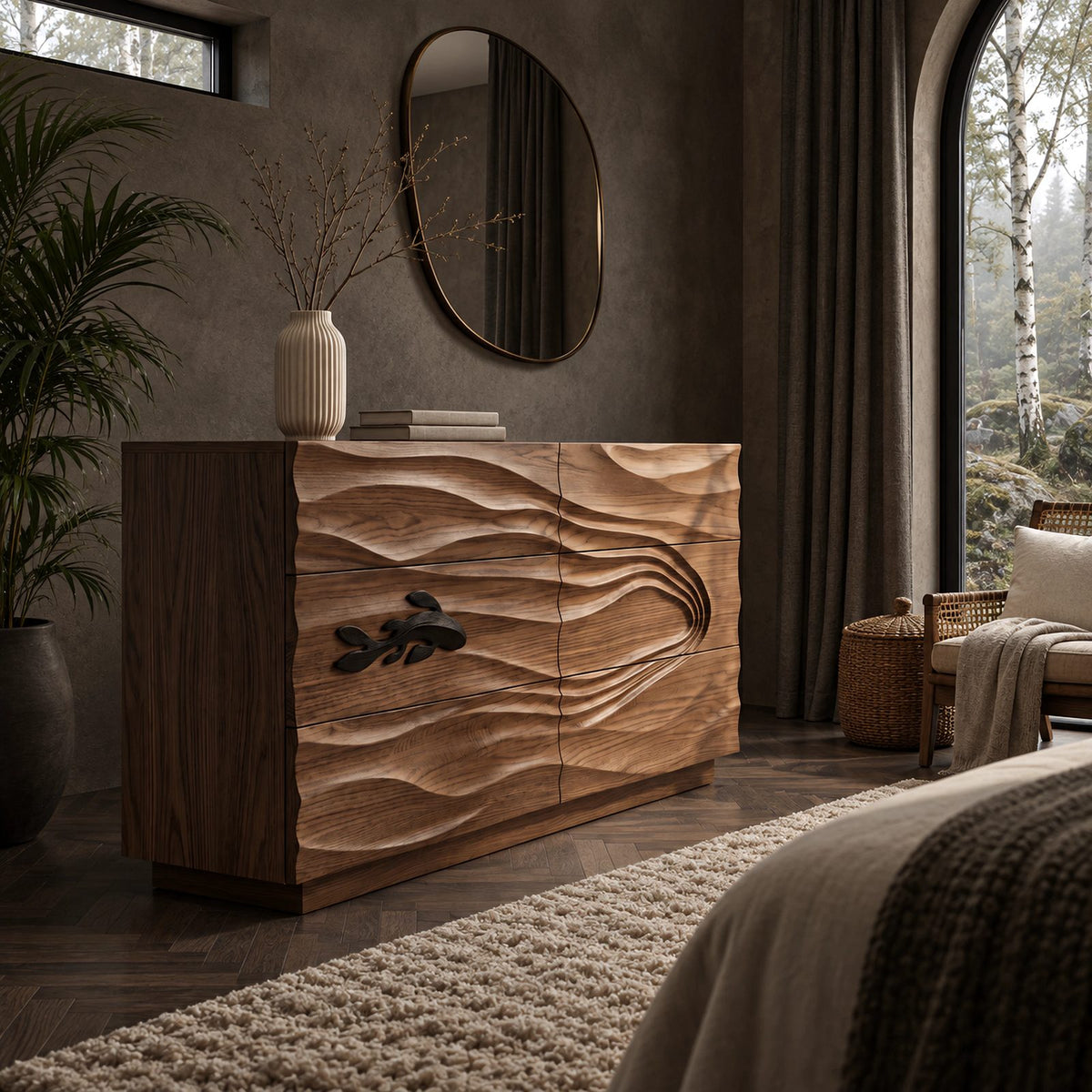 Coastal Wooden Dresser With Carved Fish And Wave Front For Bedroom
