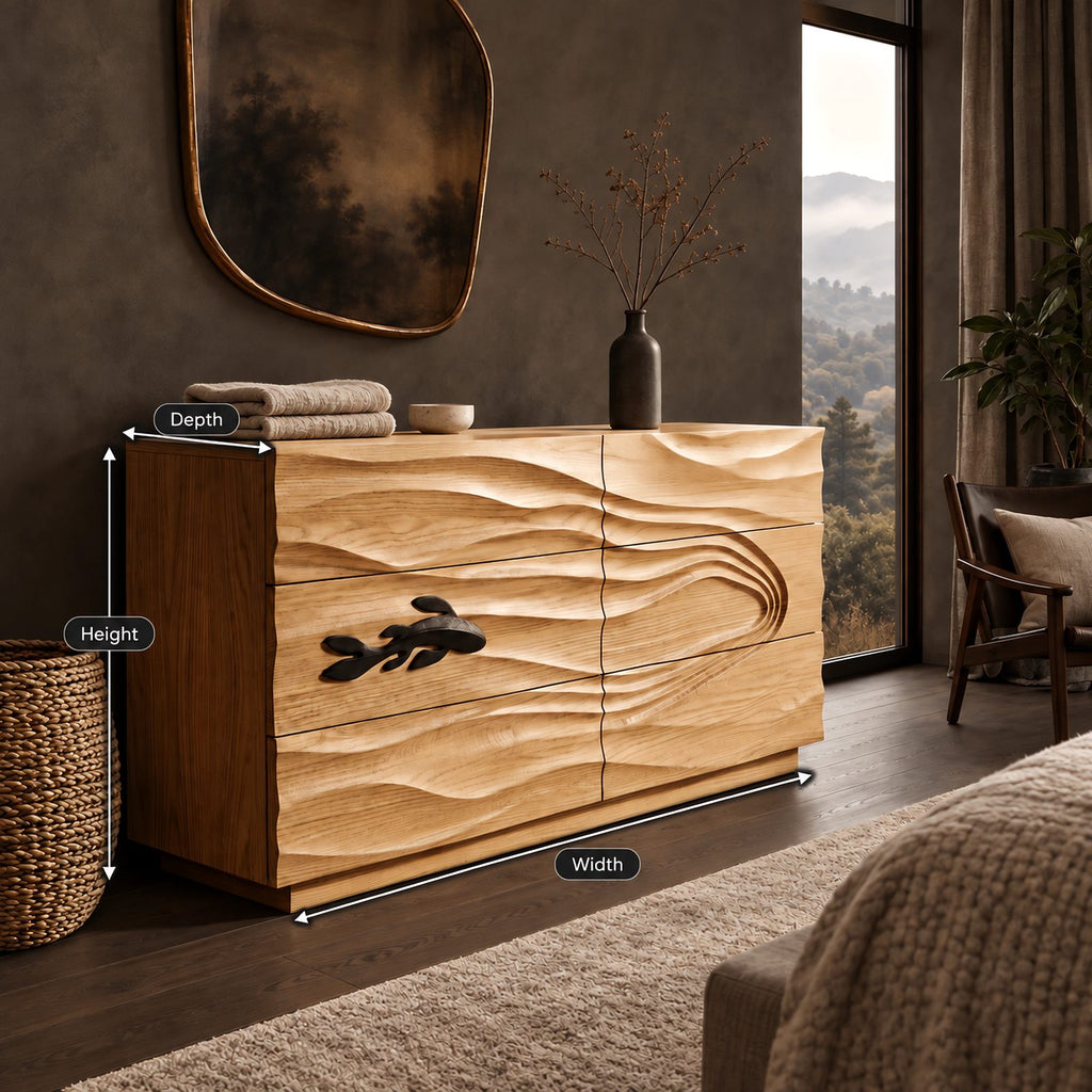 Coastal Wooden Dresser With Carved Fish And Wave Front For Bedroom