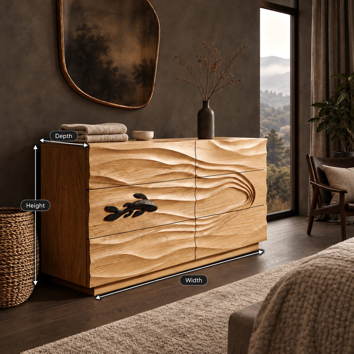 Coastal Wooden Dresser With Carved Fish And Wave Front For Bedroom