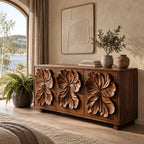 Statement Wooden Chest Of Drawers With Bold Relief Carving For Bedroom