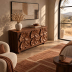 Statement Wooden Chest Of Drawers With Bold Relief Carving For Bedroom