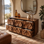 Statement Wooden Chest Of Drawers With Bold Relief Carving For Bedroom