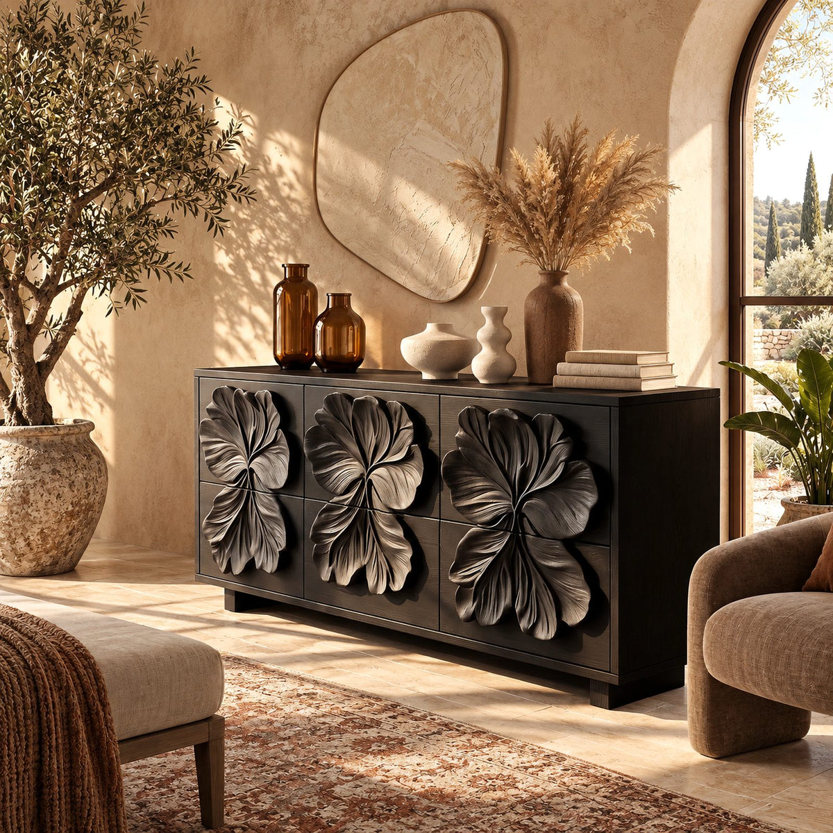 Statement Wooden Chest Of Drawers With Bold Relief Carving For Bedroom