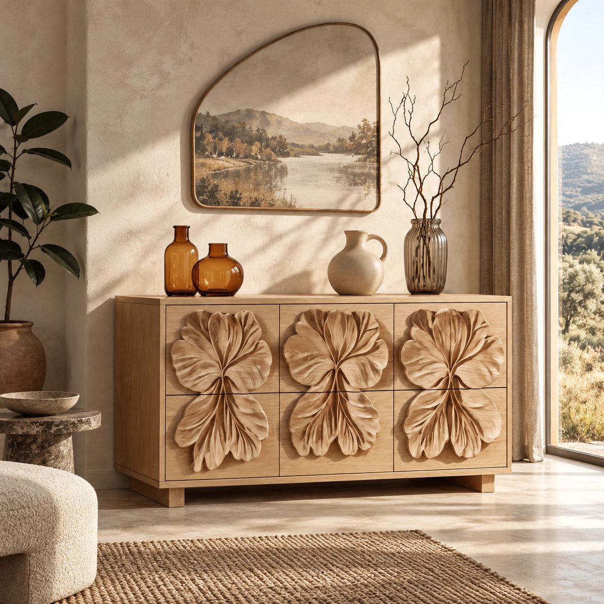 Statement Wooden Chest Of Drawers With Bold Relief Carving For Bedroom
