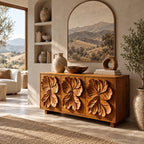 Statement Wooden Chest Of Drawers With Bold Relief Carving For Bedroom