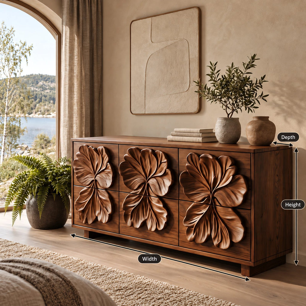 Statement Wooden Chest Of Drawers With Bold Relief Carving For Bedroom