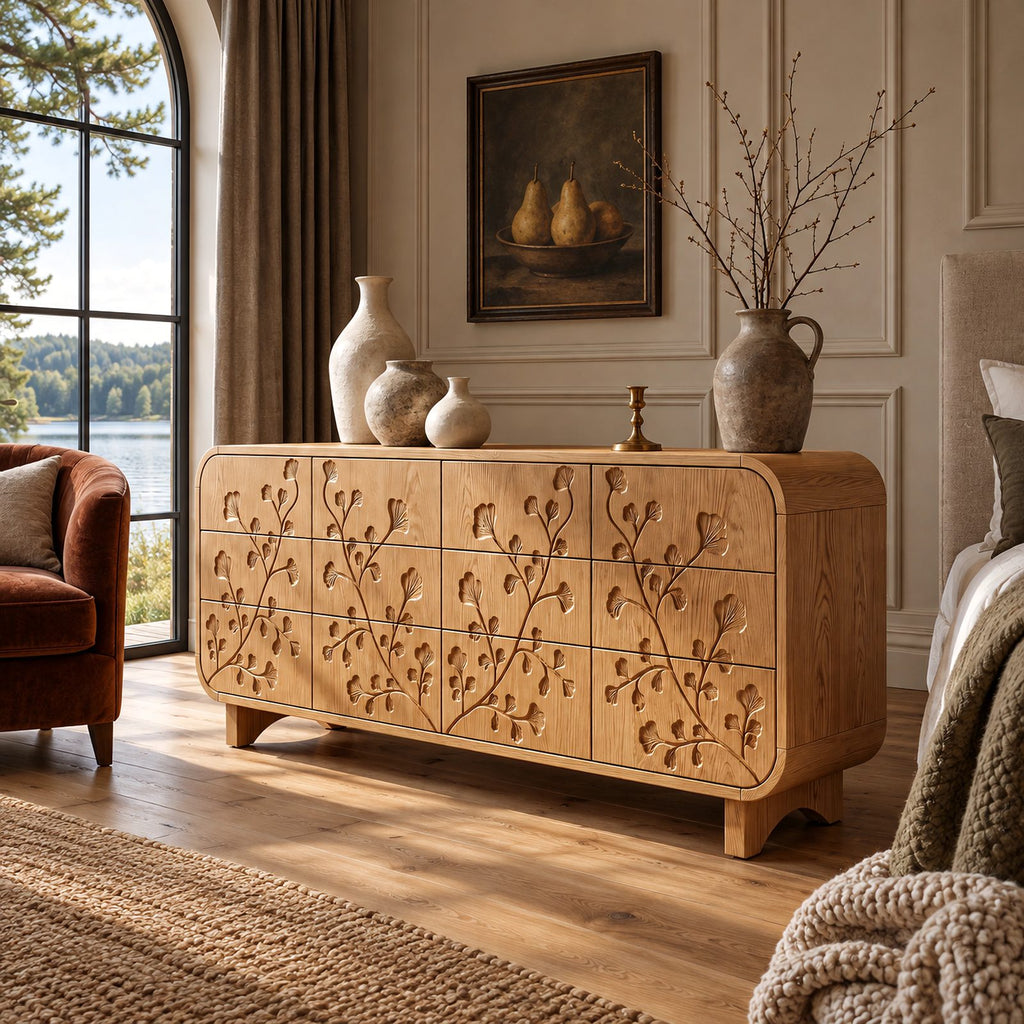 Mid Century Rounded Dresser With Carved Branch Drawers For Bedroom