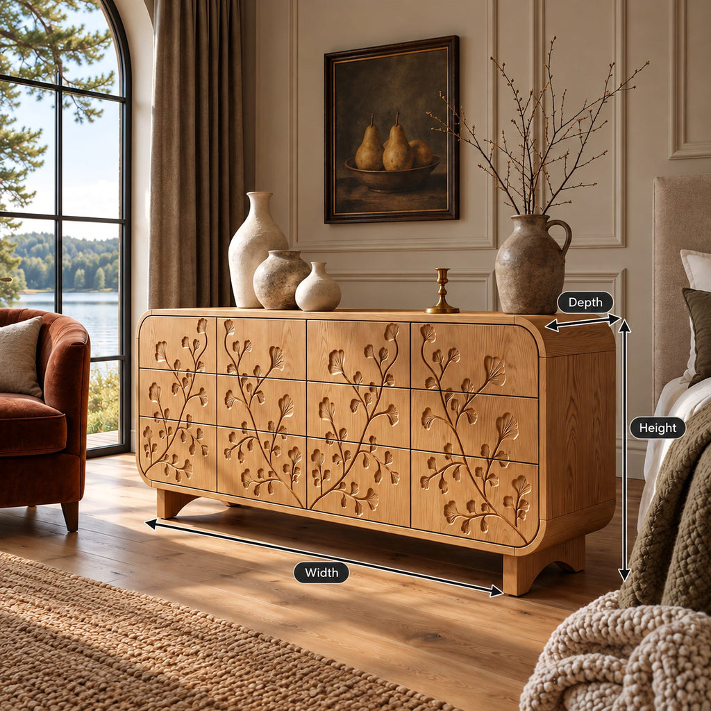 Mid Century Rounded Dresser With Carved Branch Drawers For Bedroom