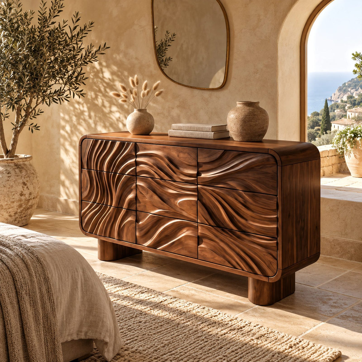 Contemporary Curved Corner Dresser With Wave Carved Drawers For Bedroom