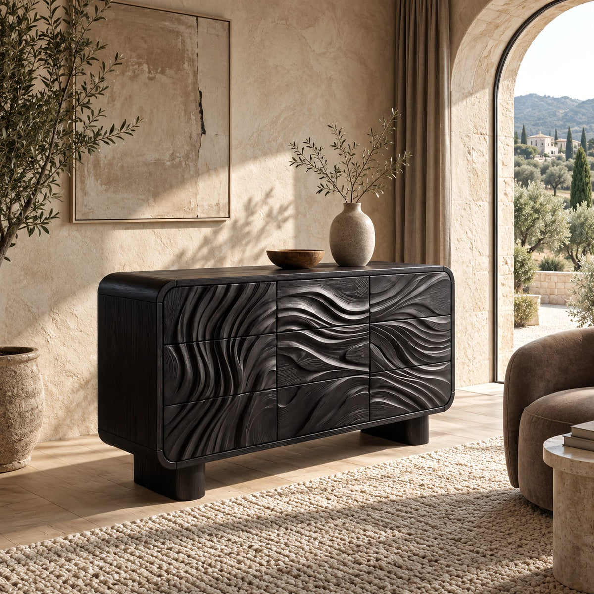Contemporary Curved Corner Dresser With Wave Carved Drawers For Bedroom