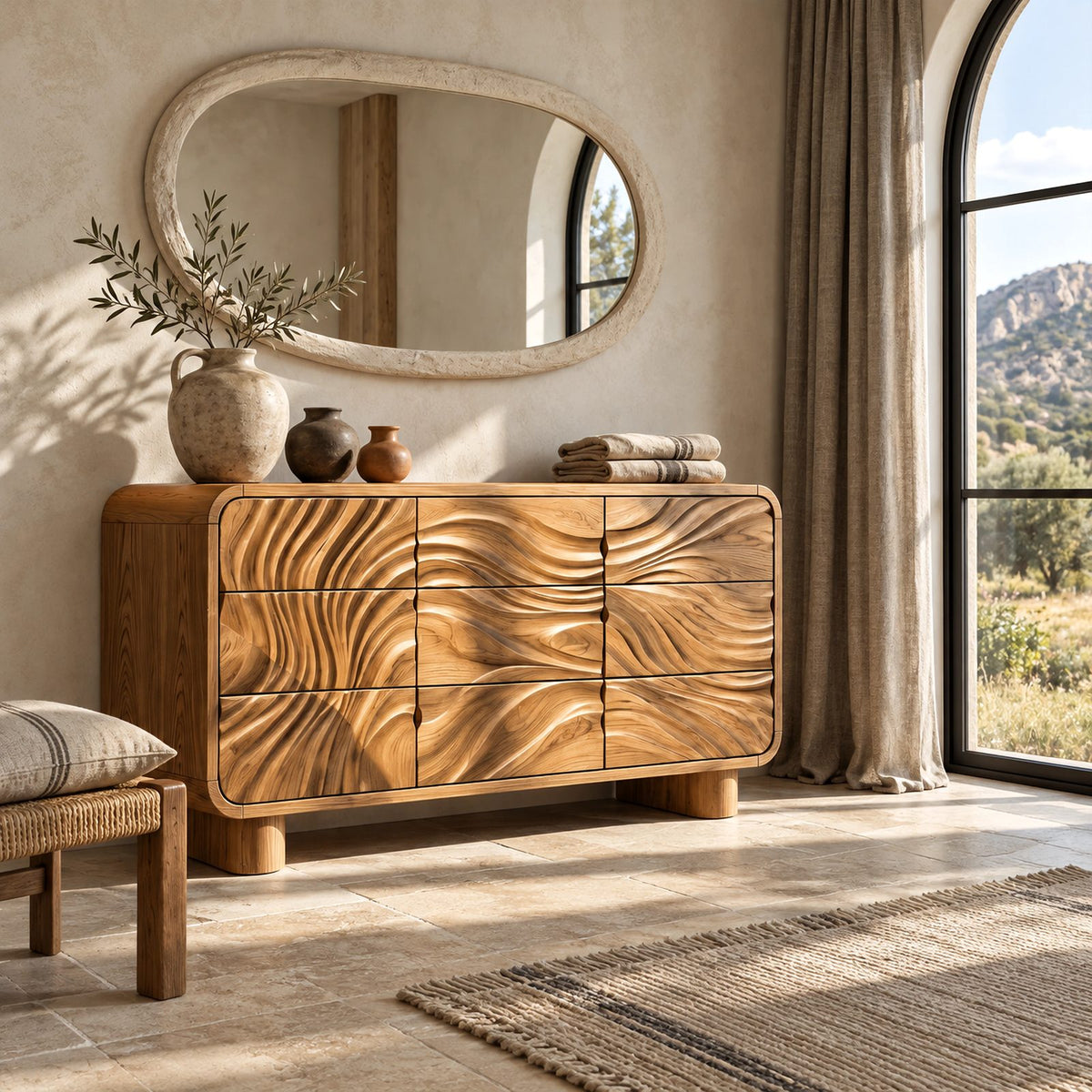 Contemporary Curved Corner Dresser With Wave Carved Drawers For Bedroom