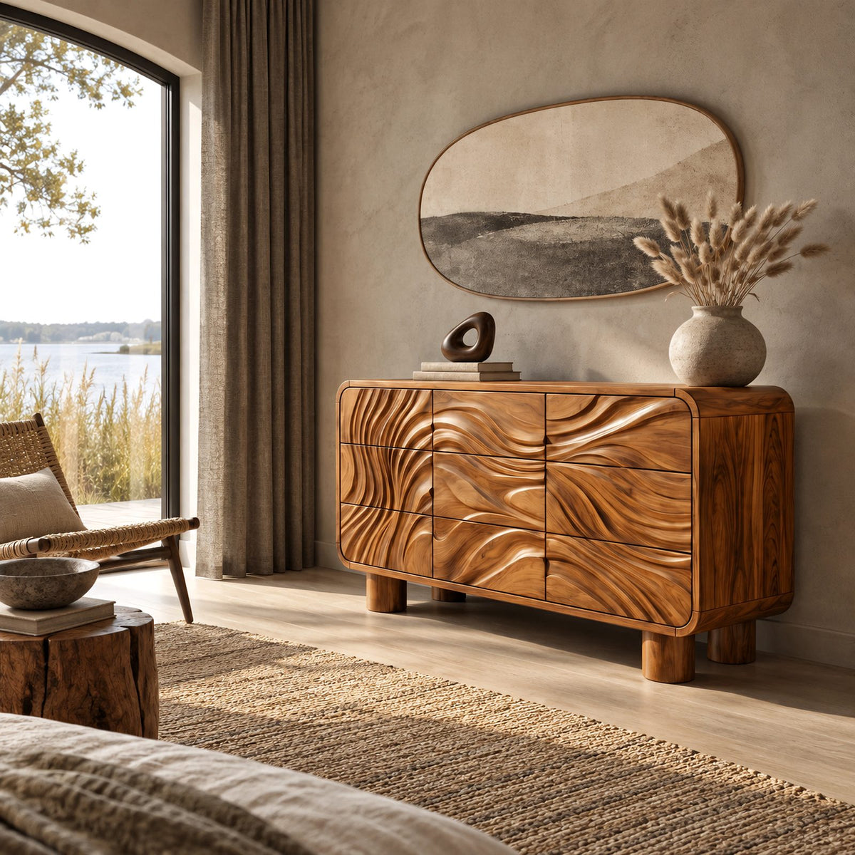 Contemporary Curved Corner Dresser With Wave Carved Drawers For Bedroom