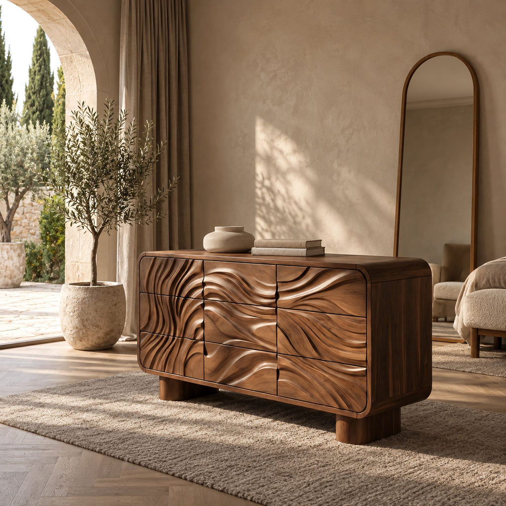 Contemporary Curved Corner Dresser With Wave Carved Drawers For Bedroom
