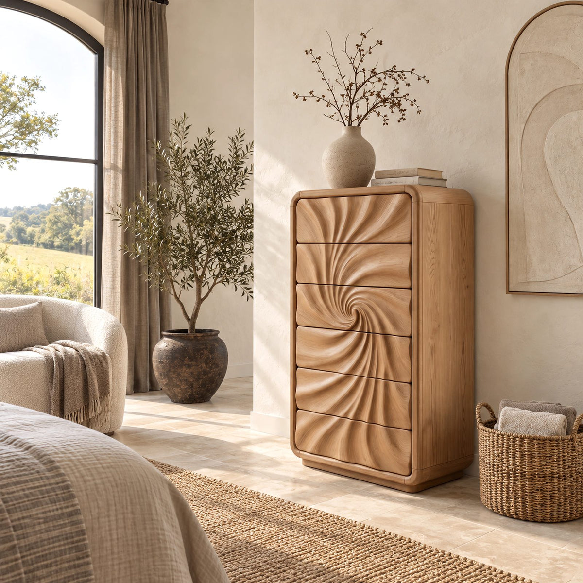 Scandinavian Tall Wooden Dresser With Swirl Carved Drawers For Bedroom