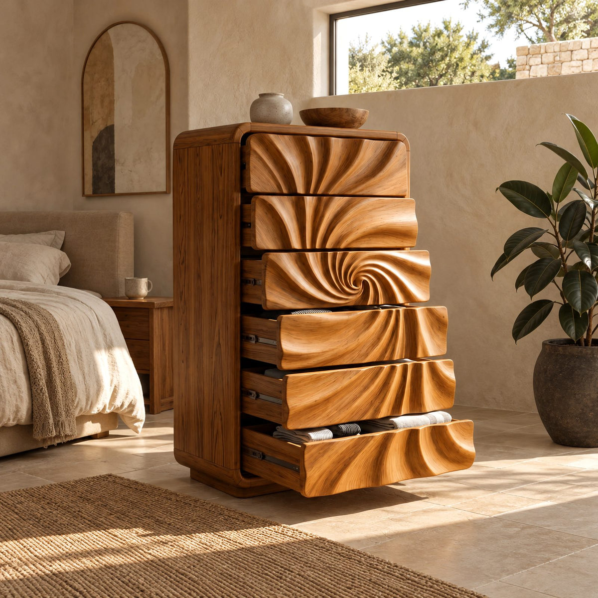Scandinavian Tall Wooden Dresser With Swirl Carved Drawers For Bedroom