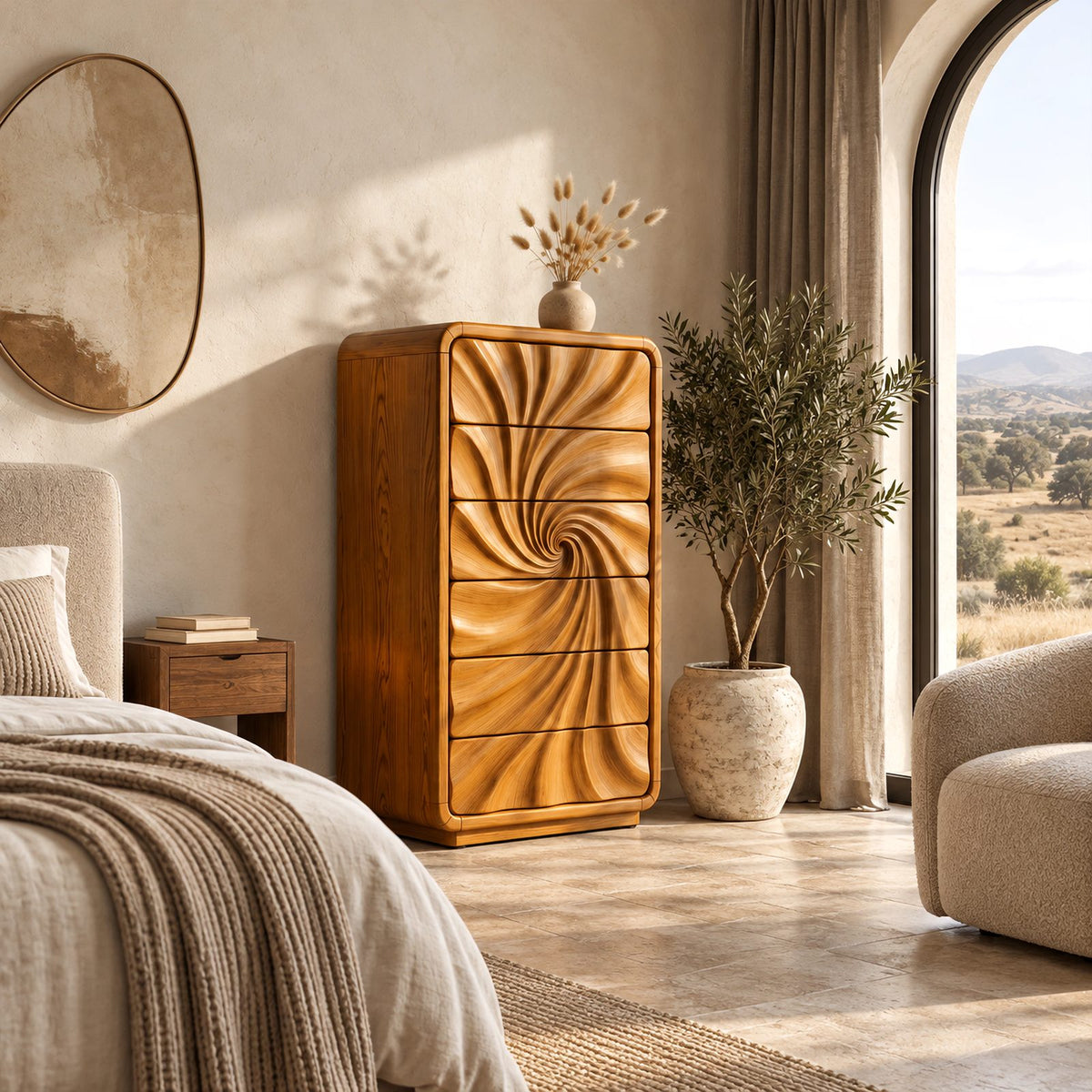 Scandinavian Tall Wooden Dresser With Swirl Carved Drawers For Bedroom