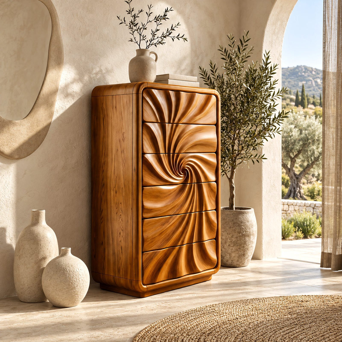 Scandinavian Tall Wooden Dresser With Swirl Carved Drawers For Bedroom