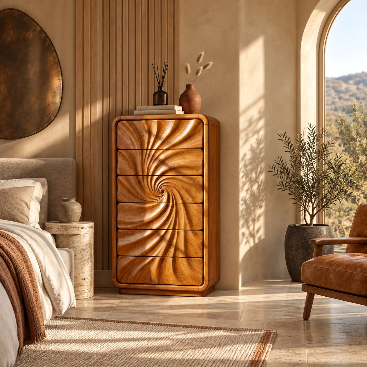 Scandinavian Tall Wooden Dresser With Swirl Carved Drawers For Bedroom