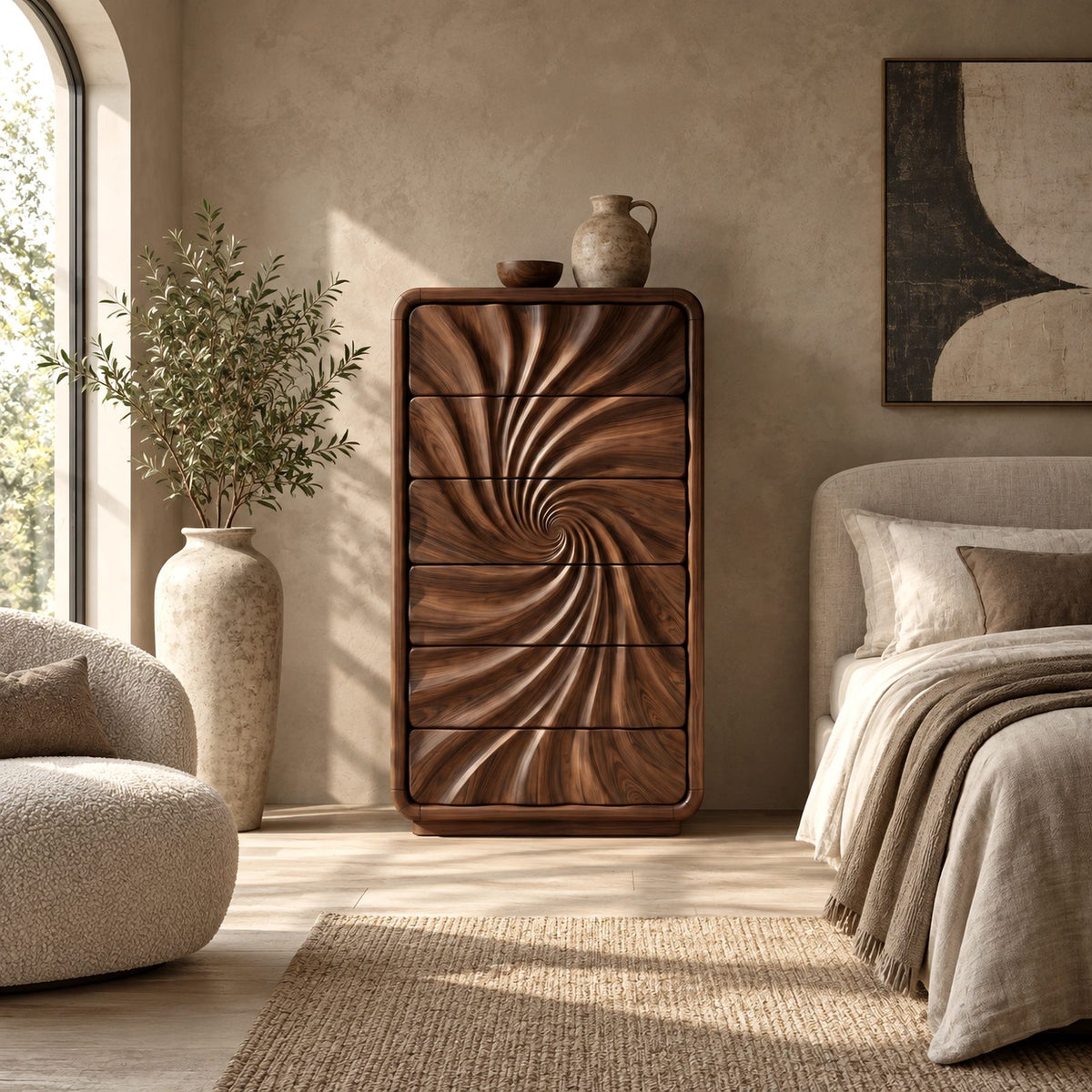 Scandinavian Tall Wooden Dresser With Swirl Carved Drawers For Bedroom
