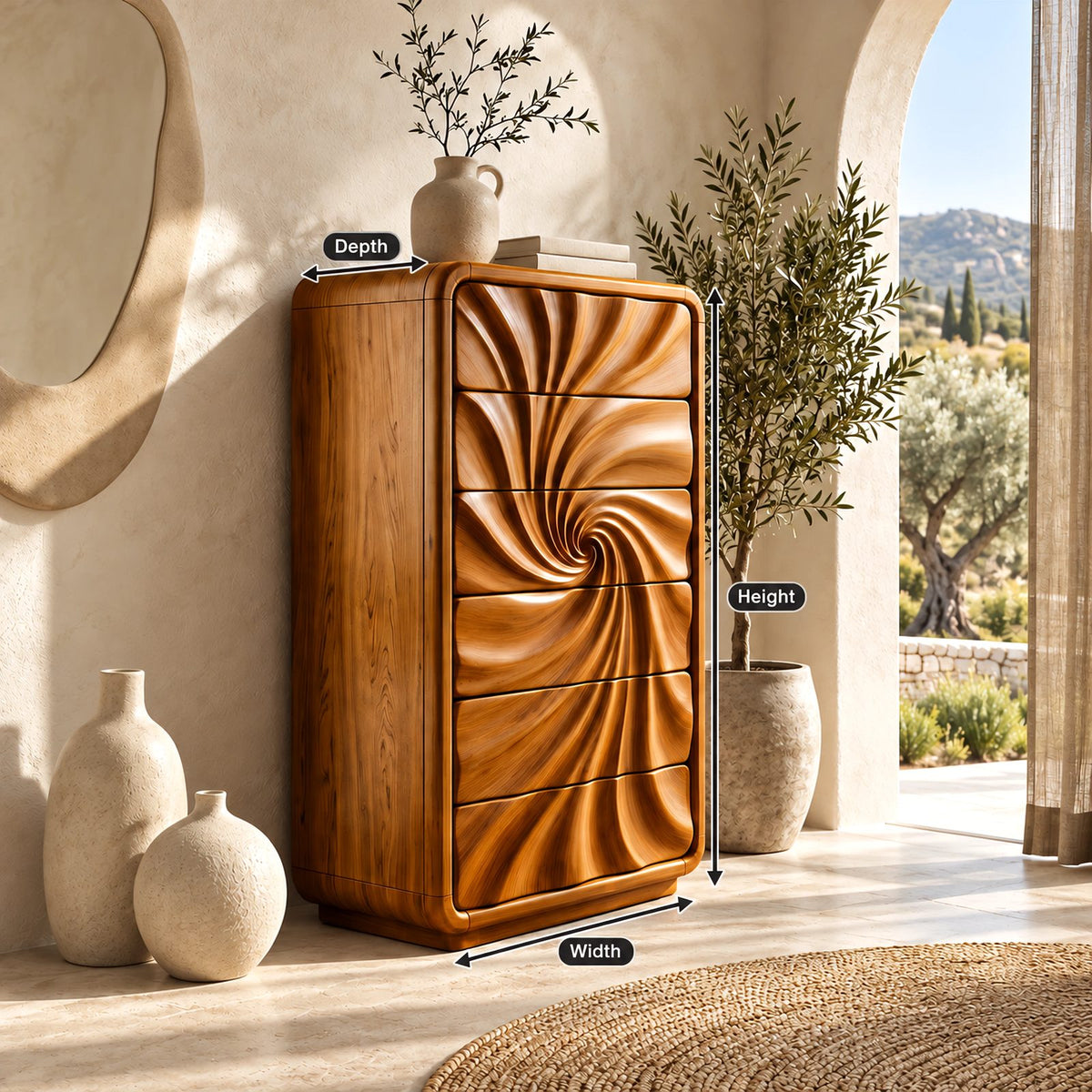 Scandinavian Tall Wooden Dresser With Swirl Carved Drawers For Bedroom