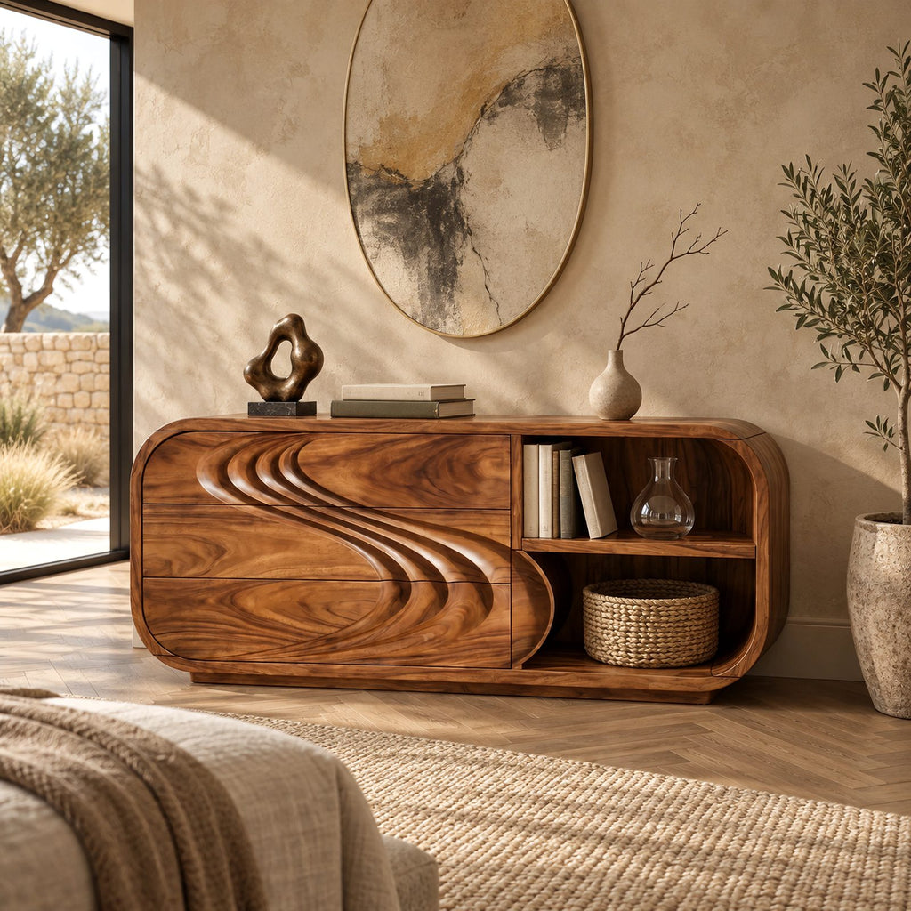 Modern Low Rounded Dresser With Open Cubby Shelves For Bedroom
