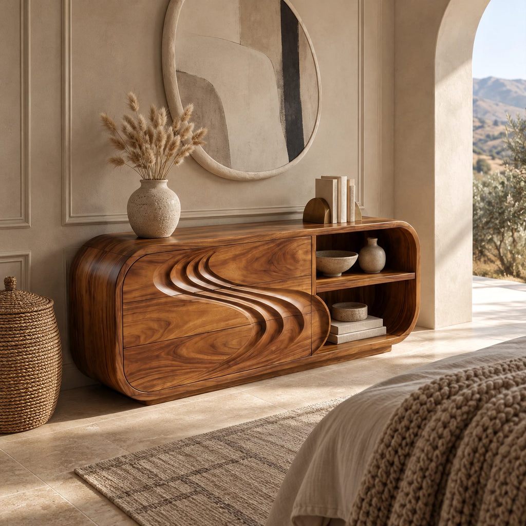 Modern Low Rounded Dresser With Open Cubby Shelves For Bedroom