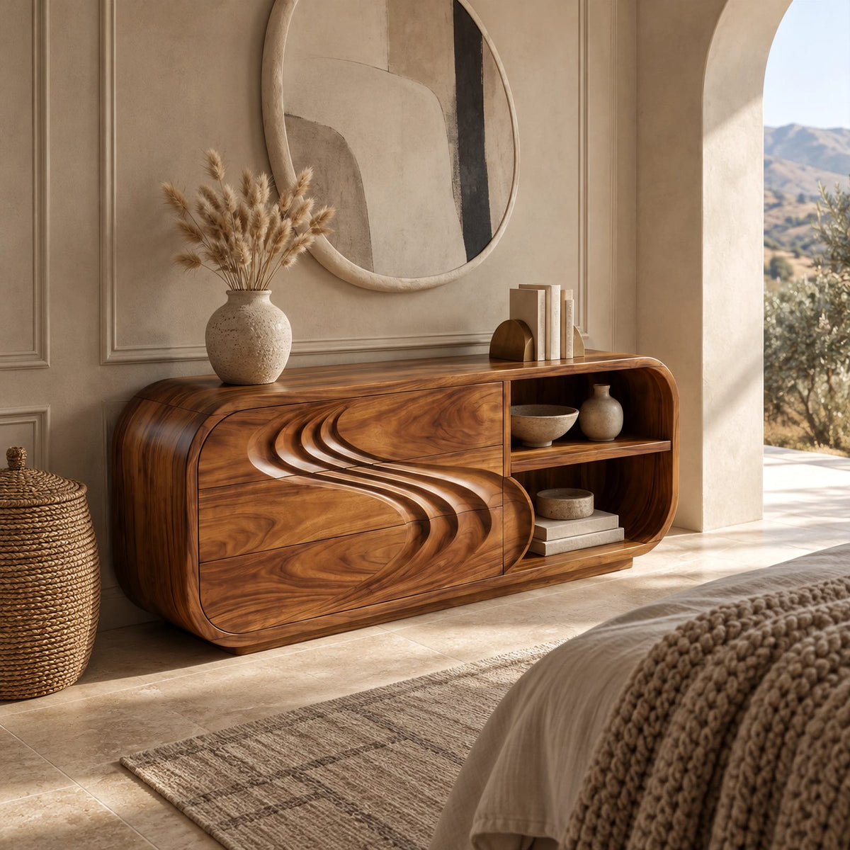 Modern Low Rounded Dresser With Open Cubby Shelves For Bedroom