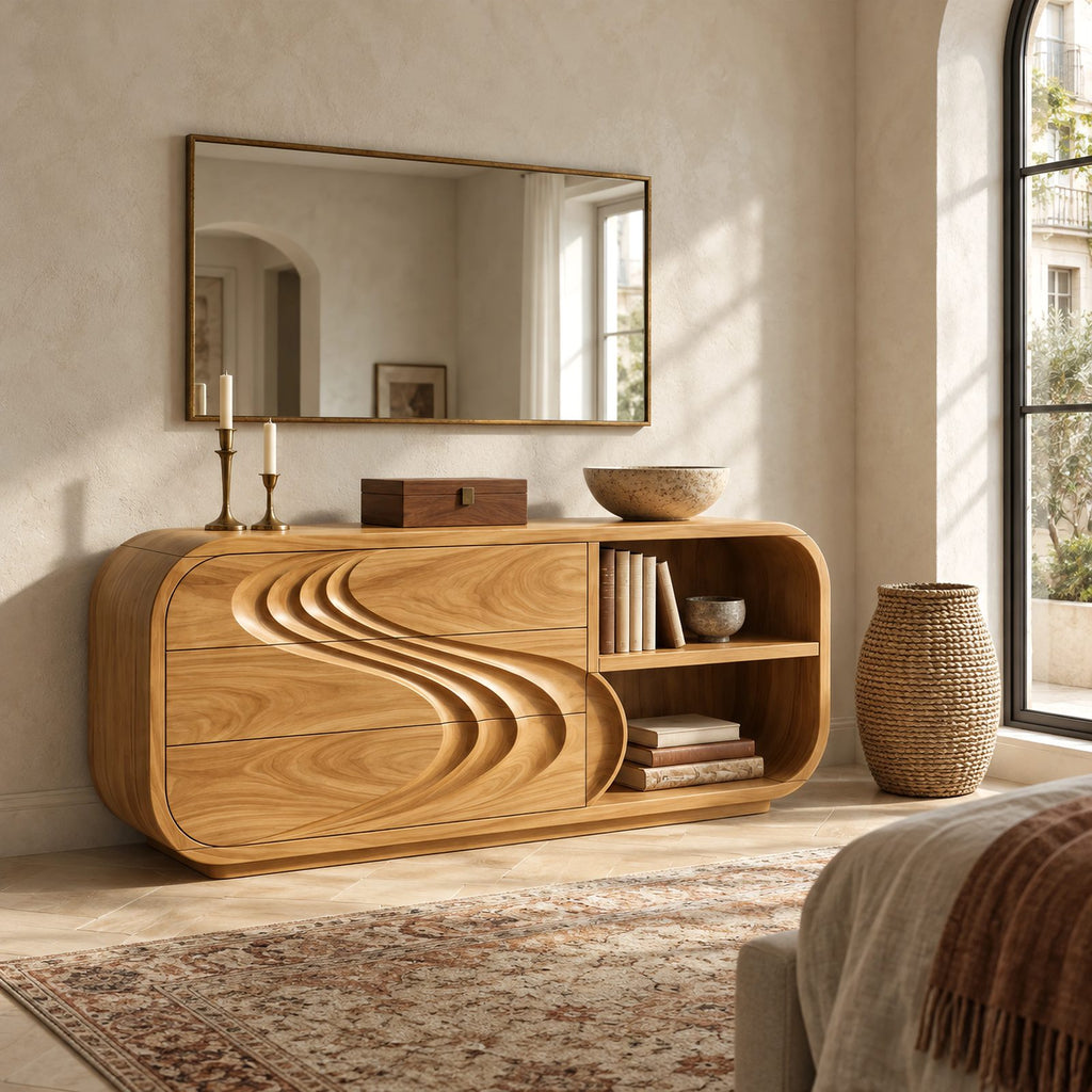 Modern Low Rounded Dresser With Open Cubby Shelves For Bedroom