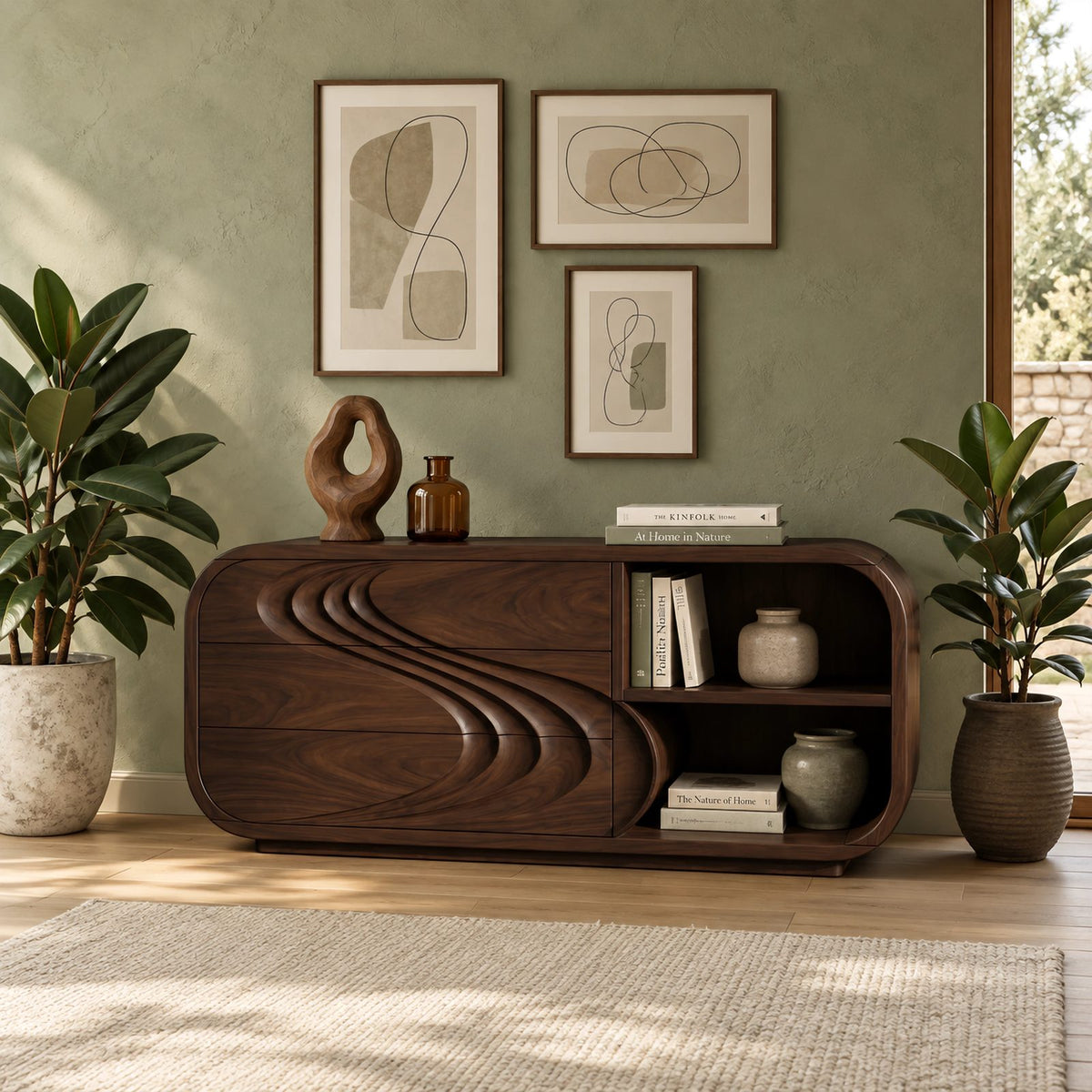 Modern Low Rounded Dresser With Open Cubby Shelves For Bedroom
