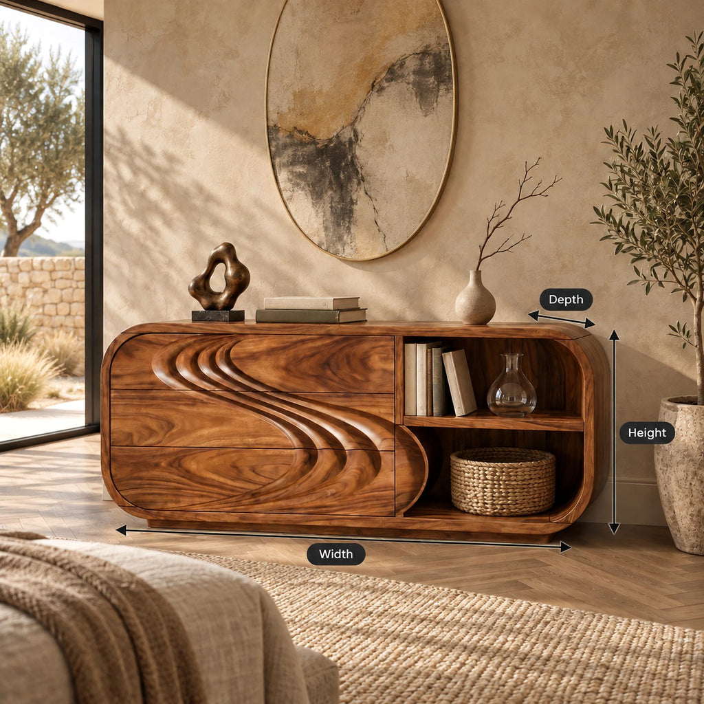 Modern Low Rounded Dresser With Open Cubby Shelves For Bedroom