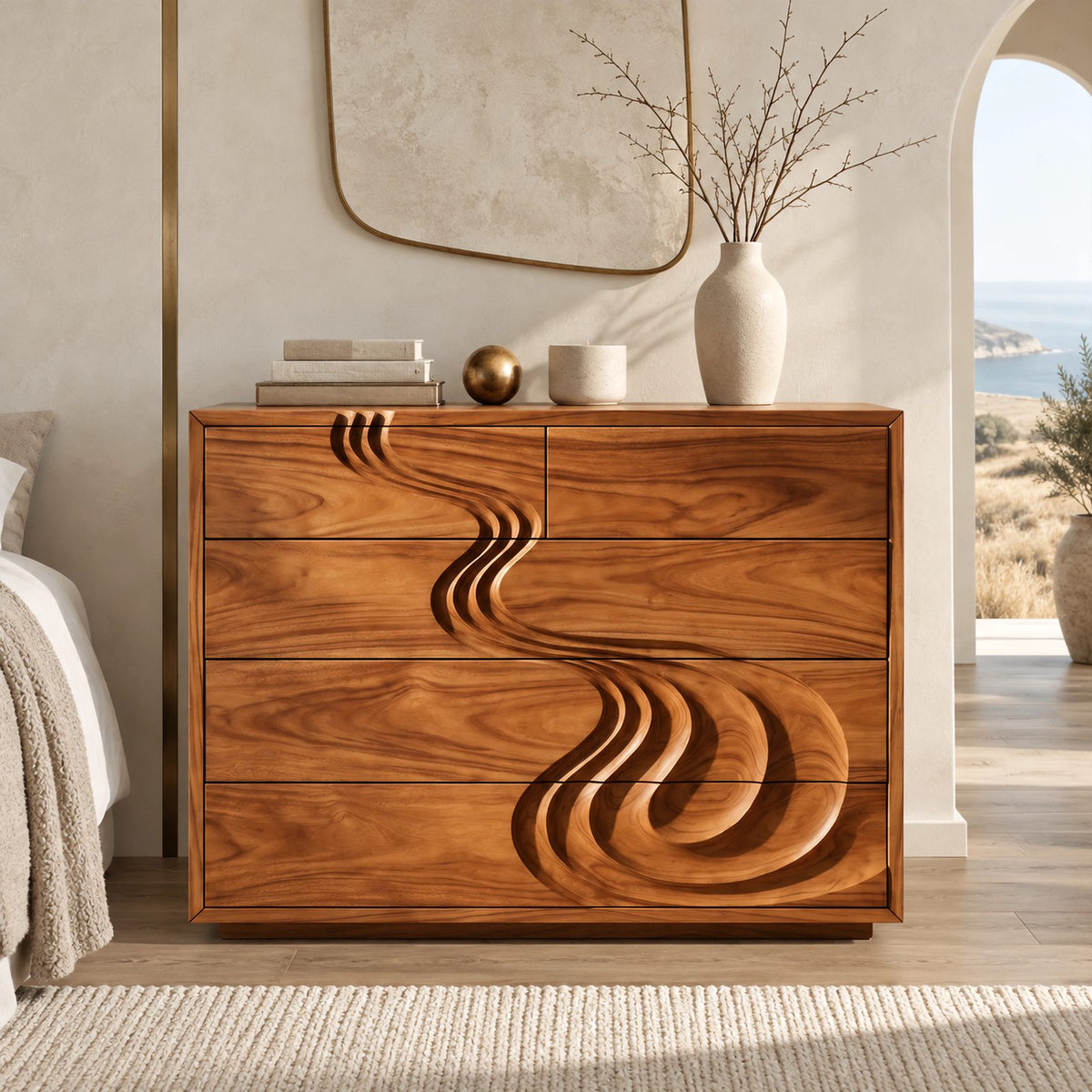 Sculptural Carved Wood Chest Of Drawers With Swirl Relief For Bedroom