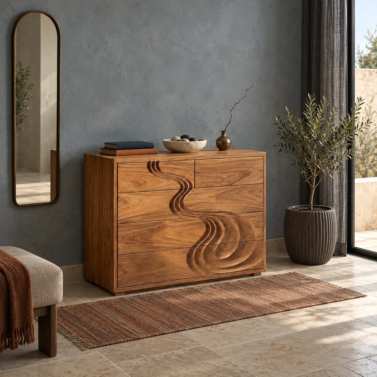 Sculptural Carved Wood Chest Of Drawers With Swirl Relief For Bedroom