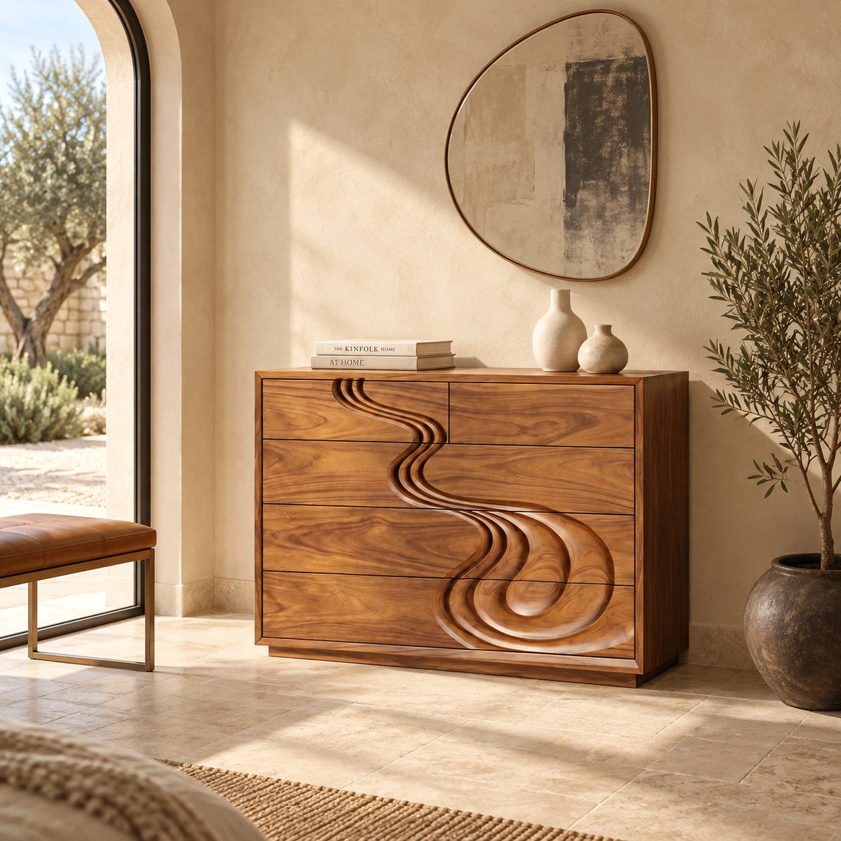 Sculptural Carved Wood Chest Of Drawers With Swirl Relief For Bedroom
